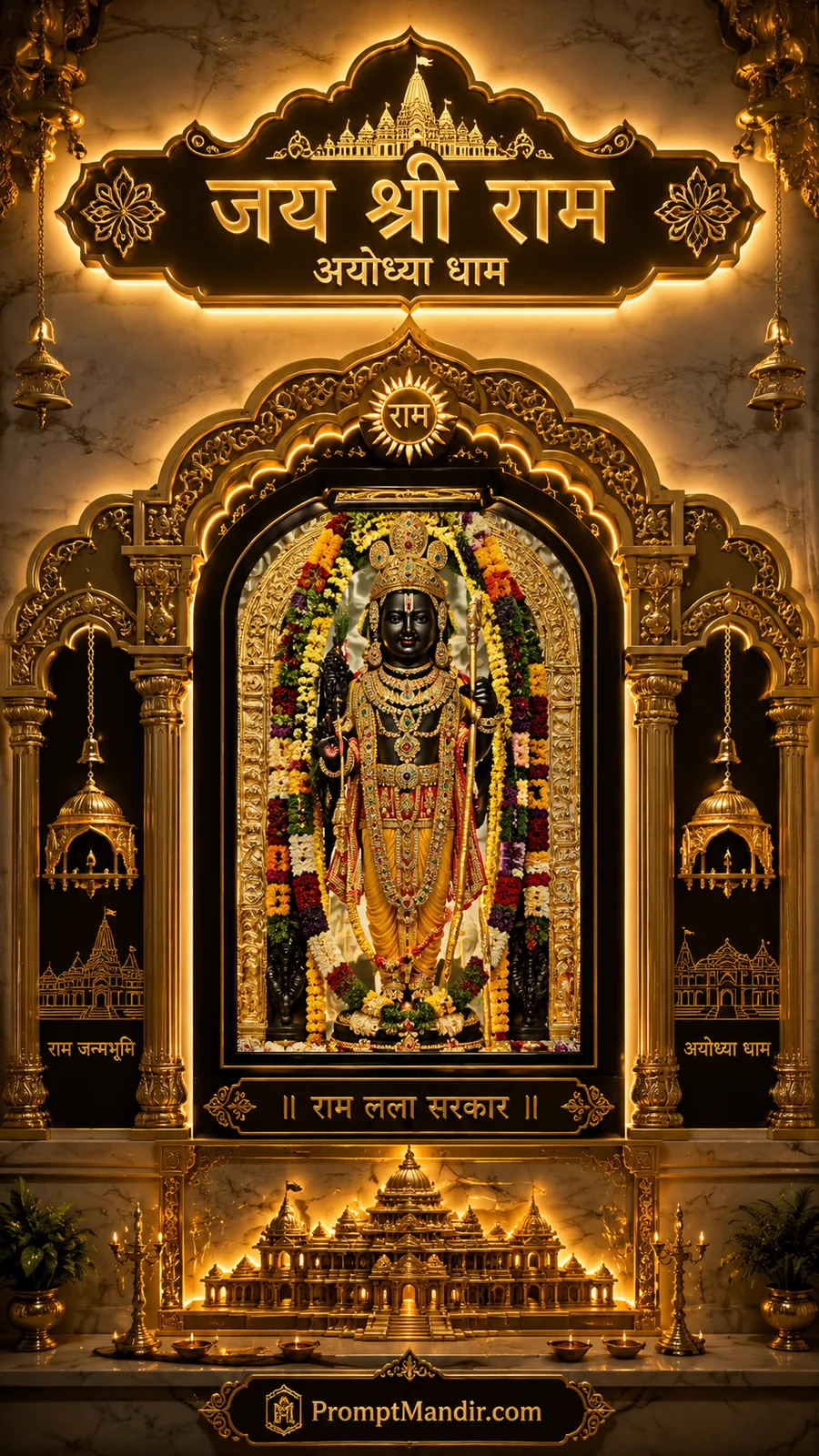 Lord Ram standing within ornate Ayodhya temple inspired golden shrine