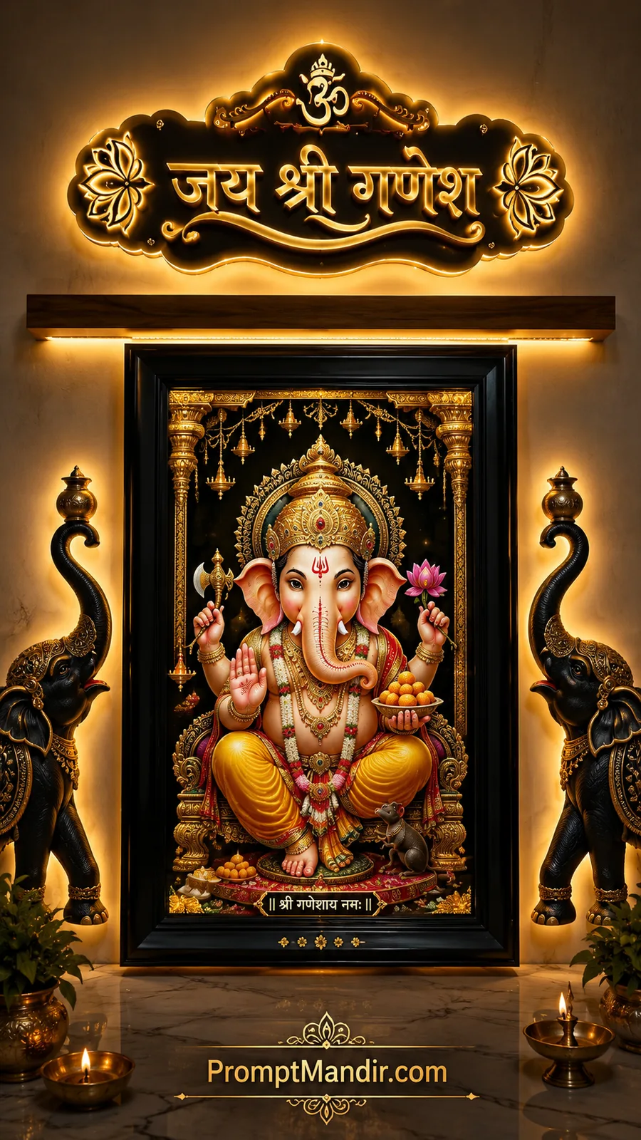 Lord Ganesha seated on throne holding lotus and modak offerings