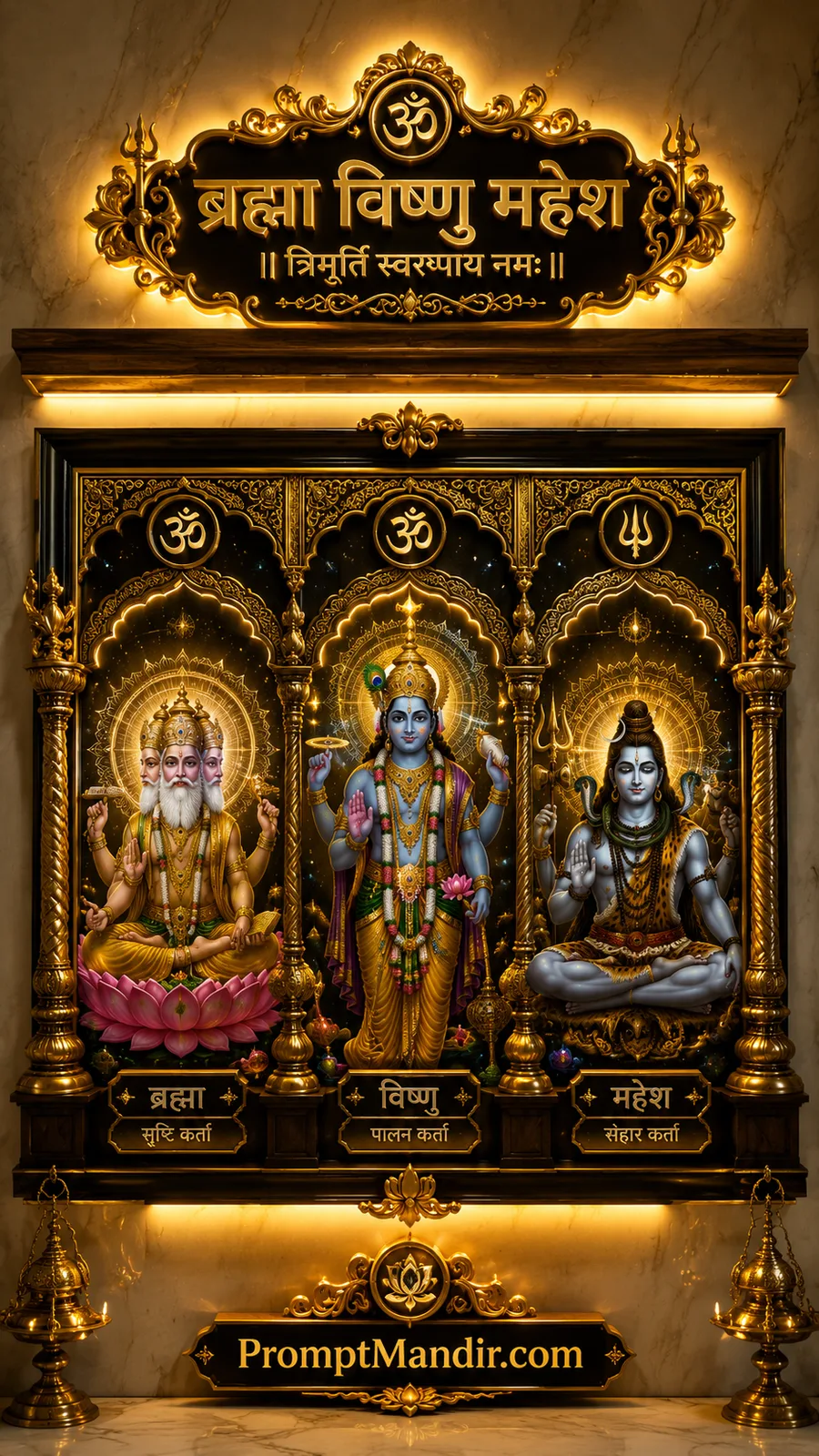 Brahma Vishnu Mahesh displayed within illuminated golden temple panels