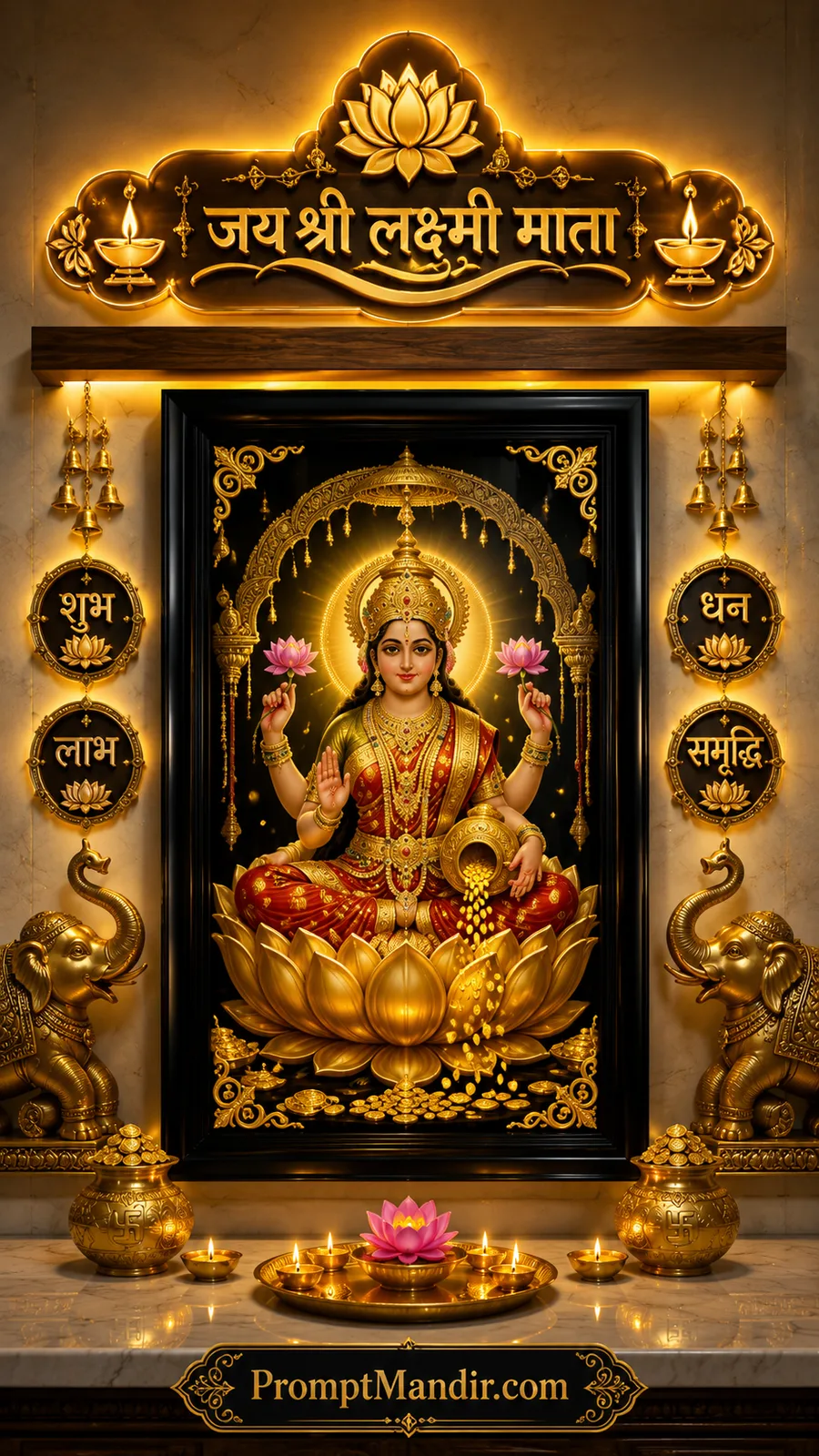 Goddess Lakshmi seated on lotus showering golden coins and blessings