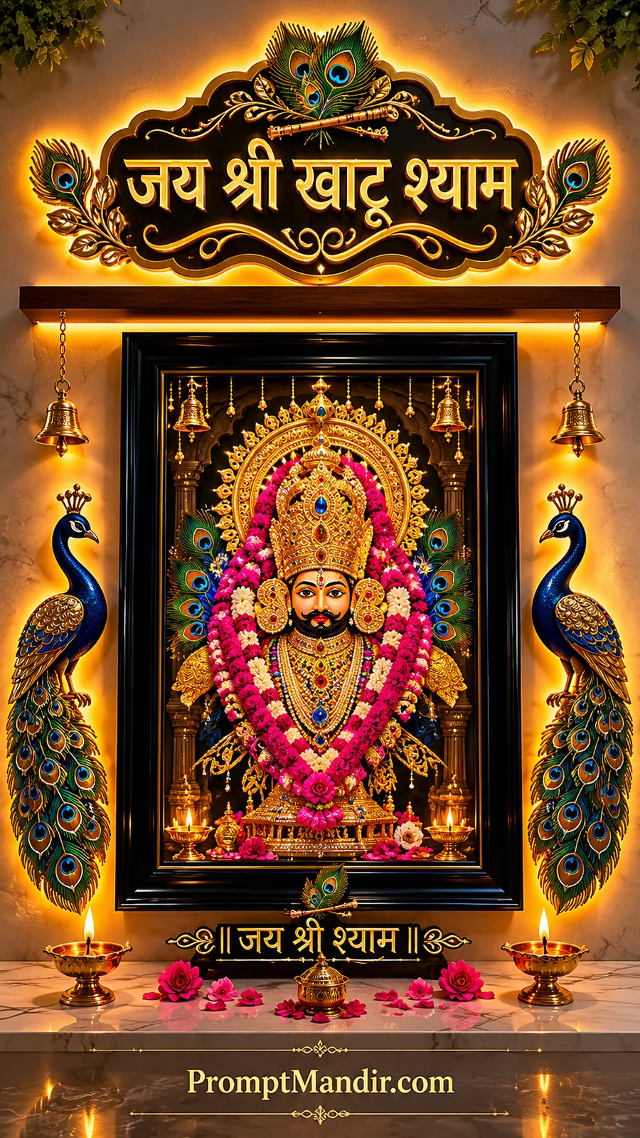 Khatu Shyam portrait adorned with floral garlands and peacock feathers
