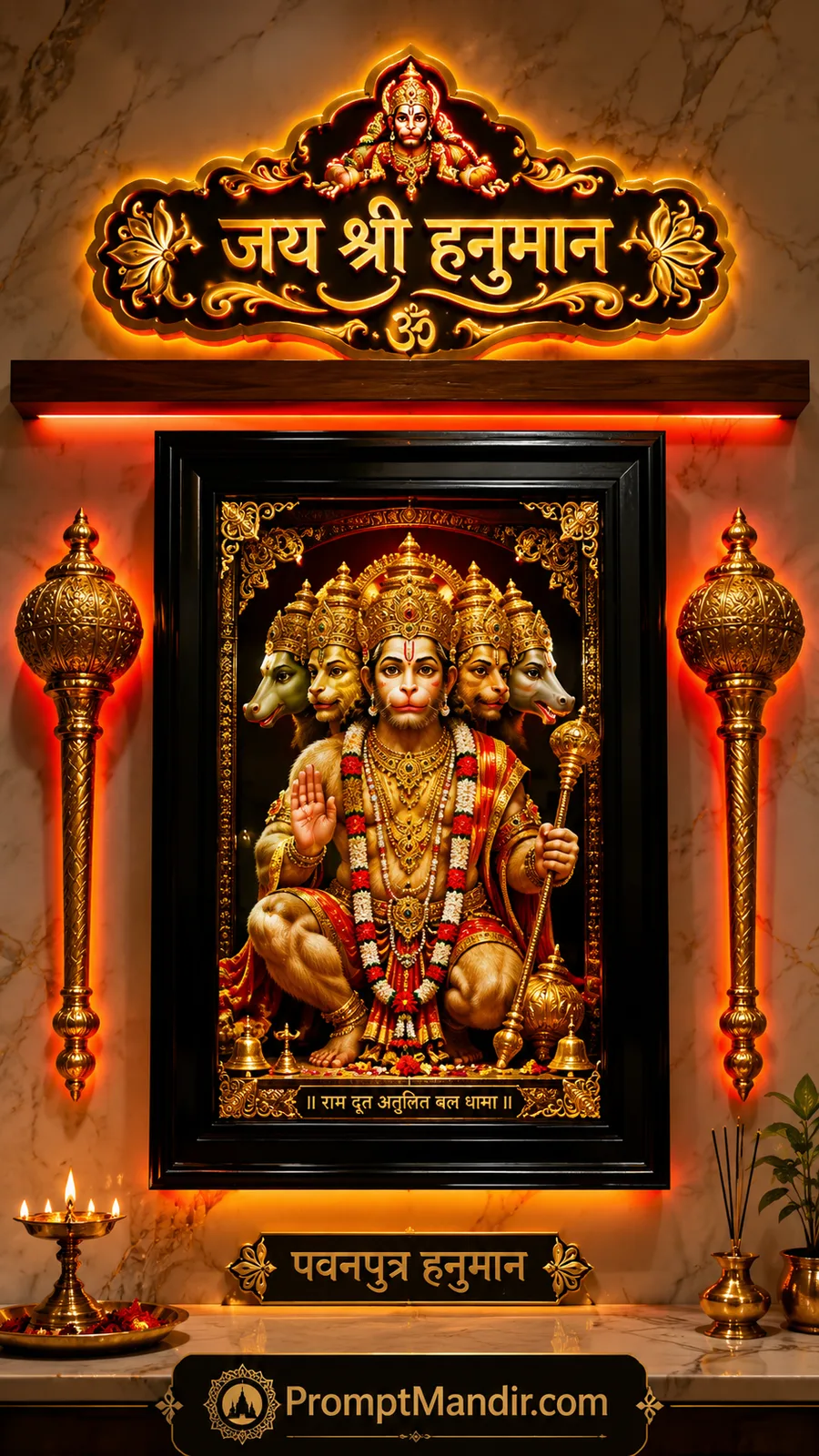 Panchmukhi Hanuman seated with mace amid glowing sacred surroundings