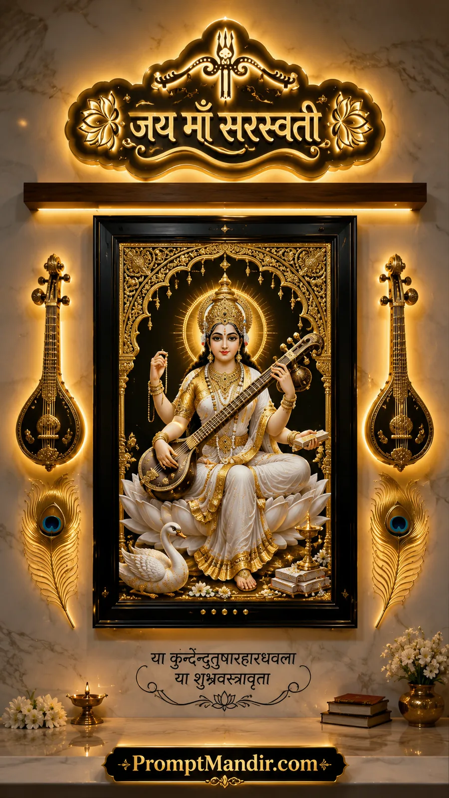 Goddess Saraswati seated on lotus holding veena beside white swan