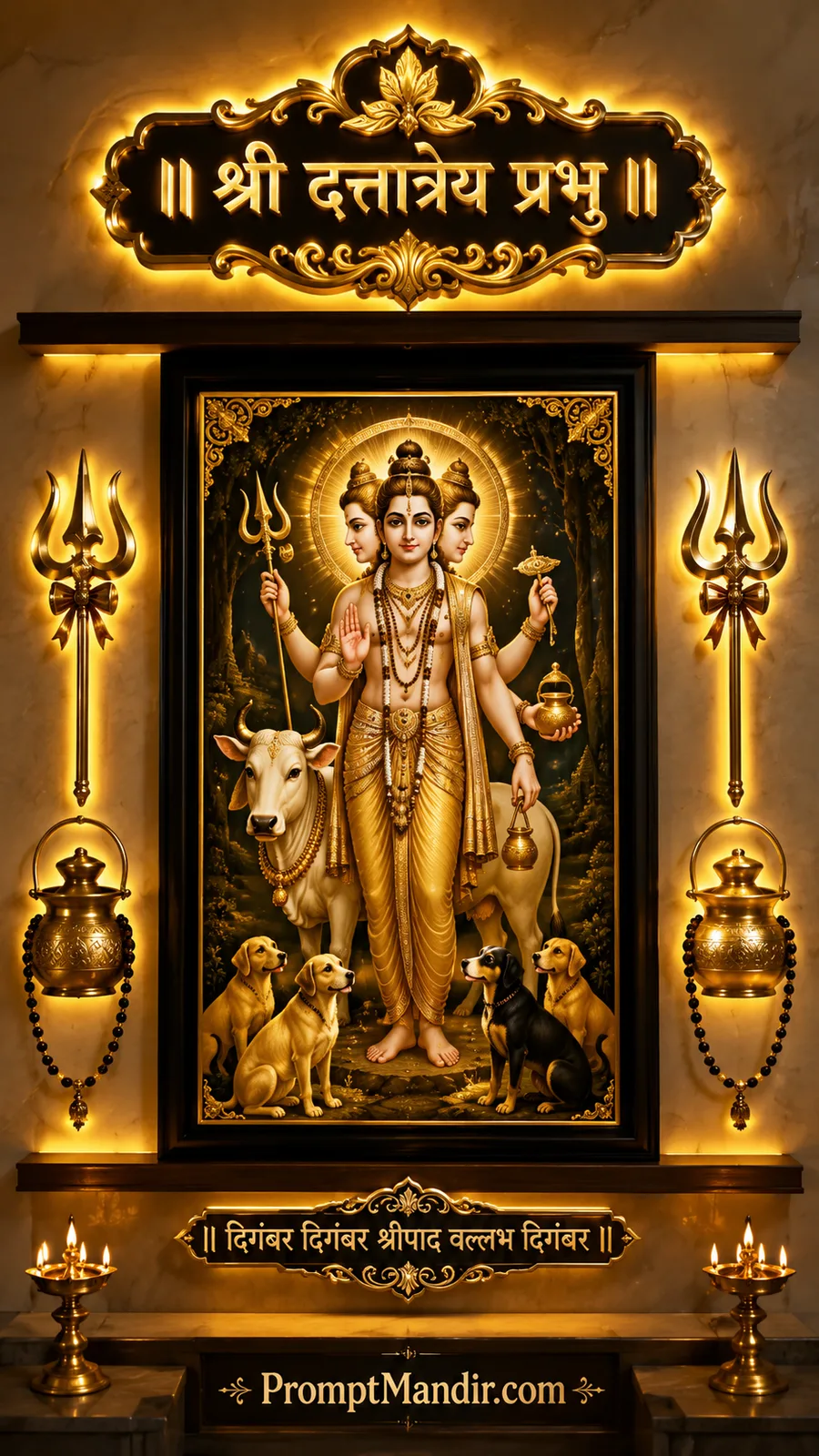 Lord Dattatreya standing with sacred cow and devoted companion dogs