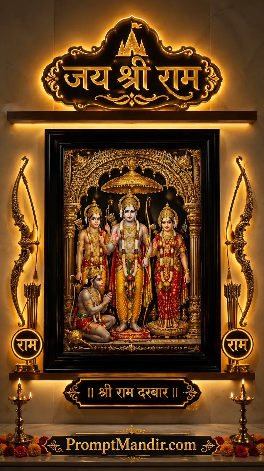 Lord Ram, Sita, Lakshman and Hanuman in ornate golden devotional frame