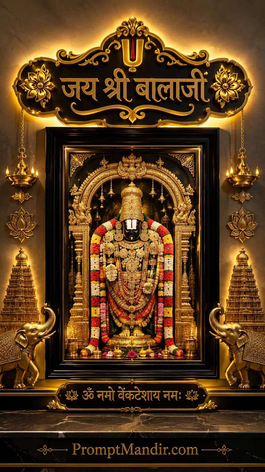 Lord Balaji idol adorned with garlands inside magnificent golden temple shrine
