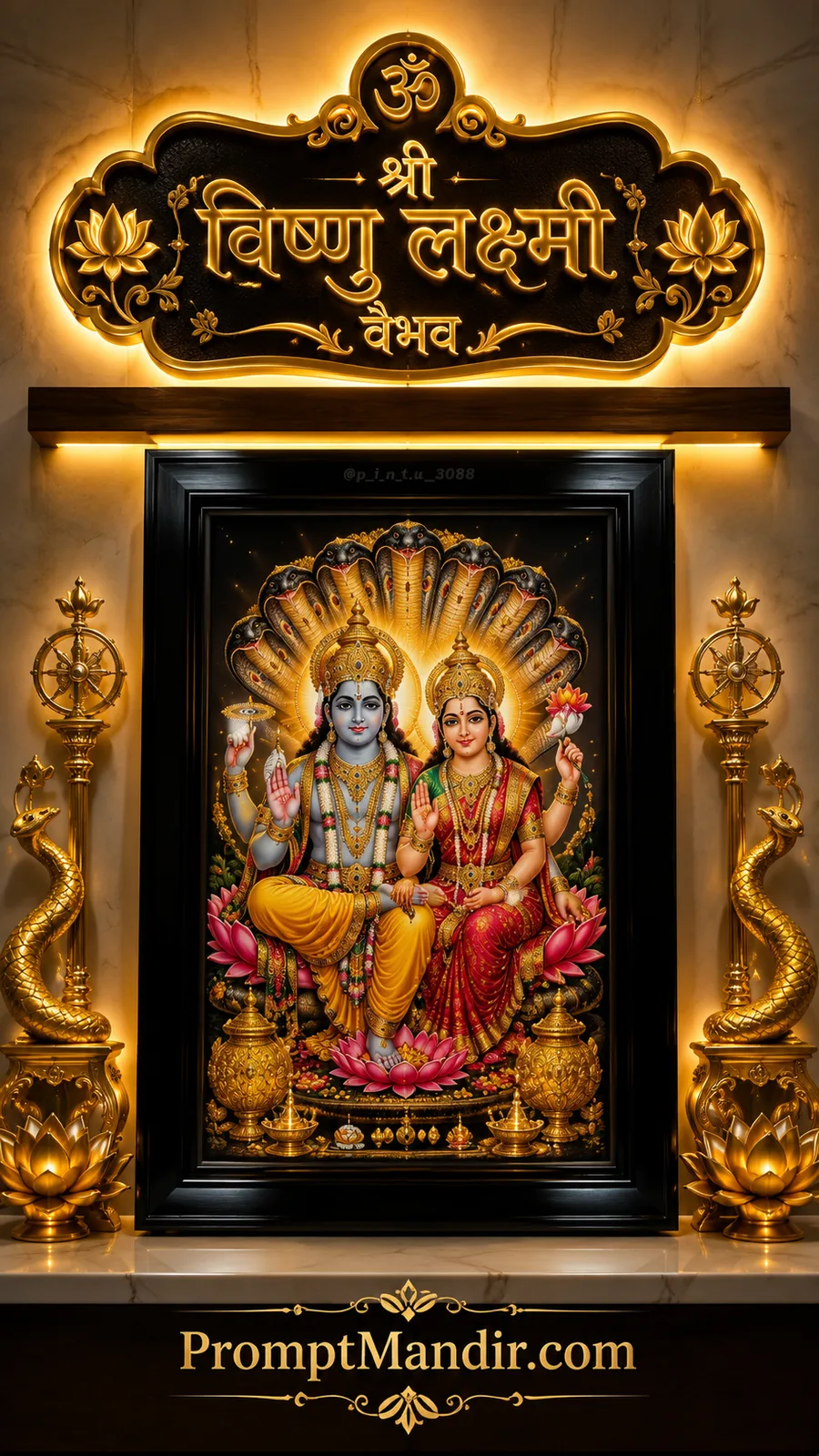 Lord Vishnu and Goddess Lakshmi seated beneath radiant Sheshnag canopy