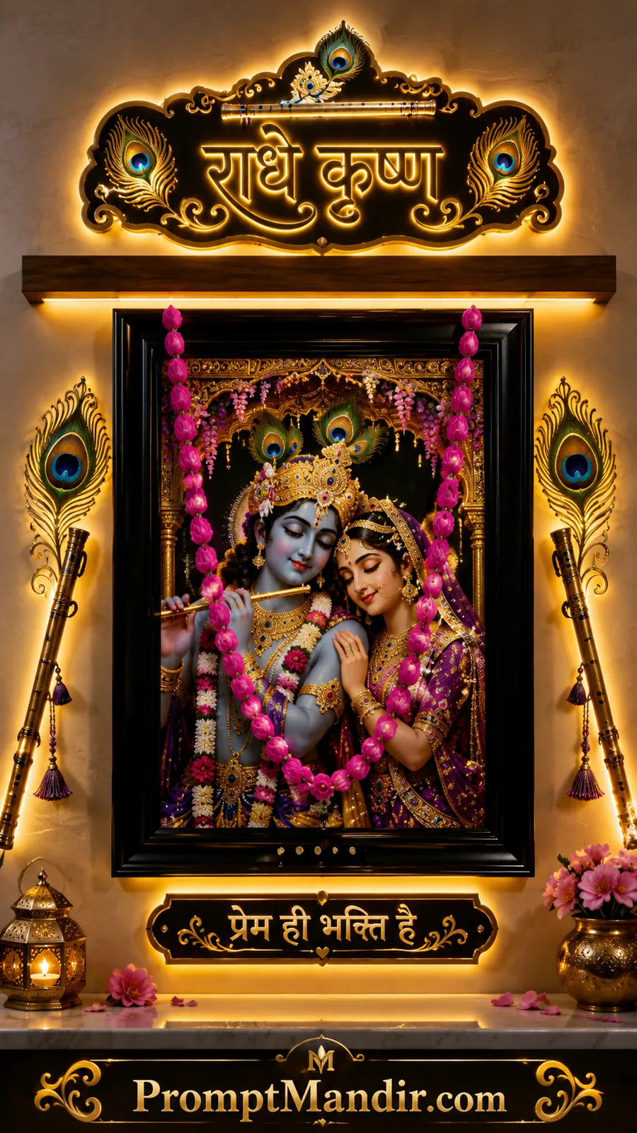 Radha Krishna embracing lovingly amid peacock feathers and floral decorations