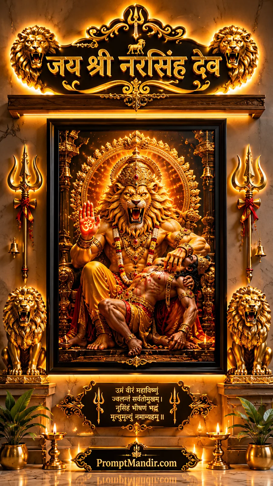 Lord Narasimha displaying fierce divine form within radiant golden shrine