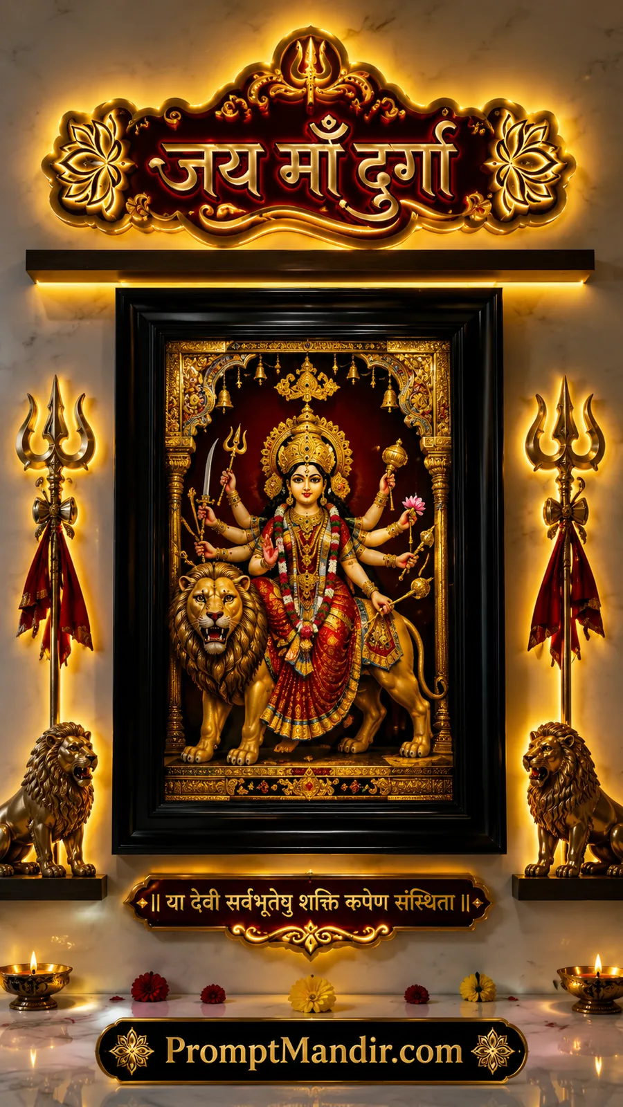 Goddess Durga seated upon lion holding divine weapons and lotus