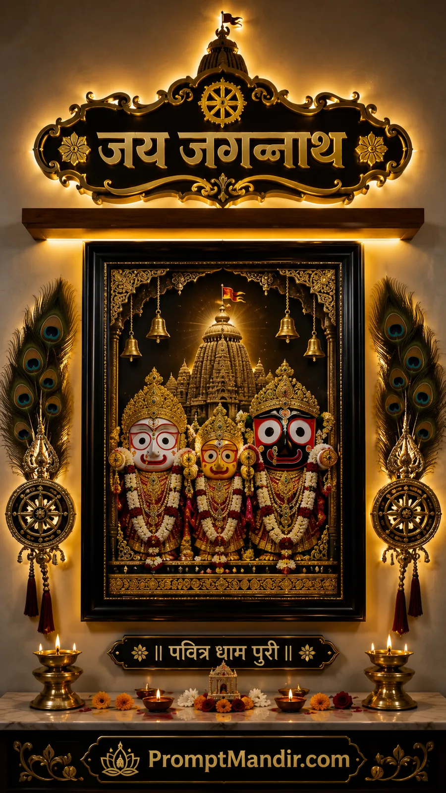 Lord Jagannath, Balabhadra and Subhadra inside ornate devotional shrine setting