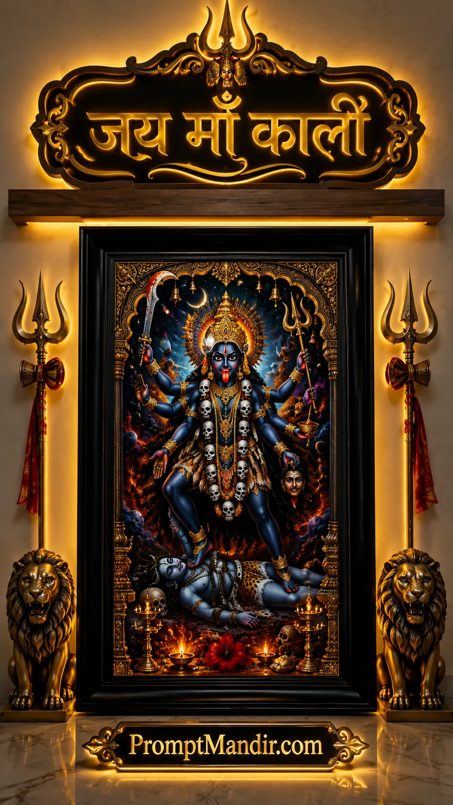 Maa Kali standing in fierce cosmic form amid dramatic sacred setting