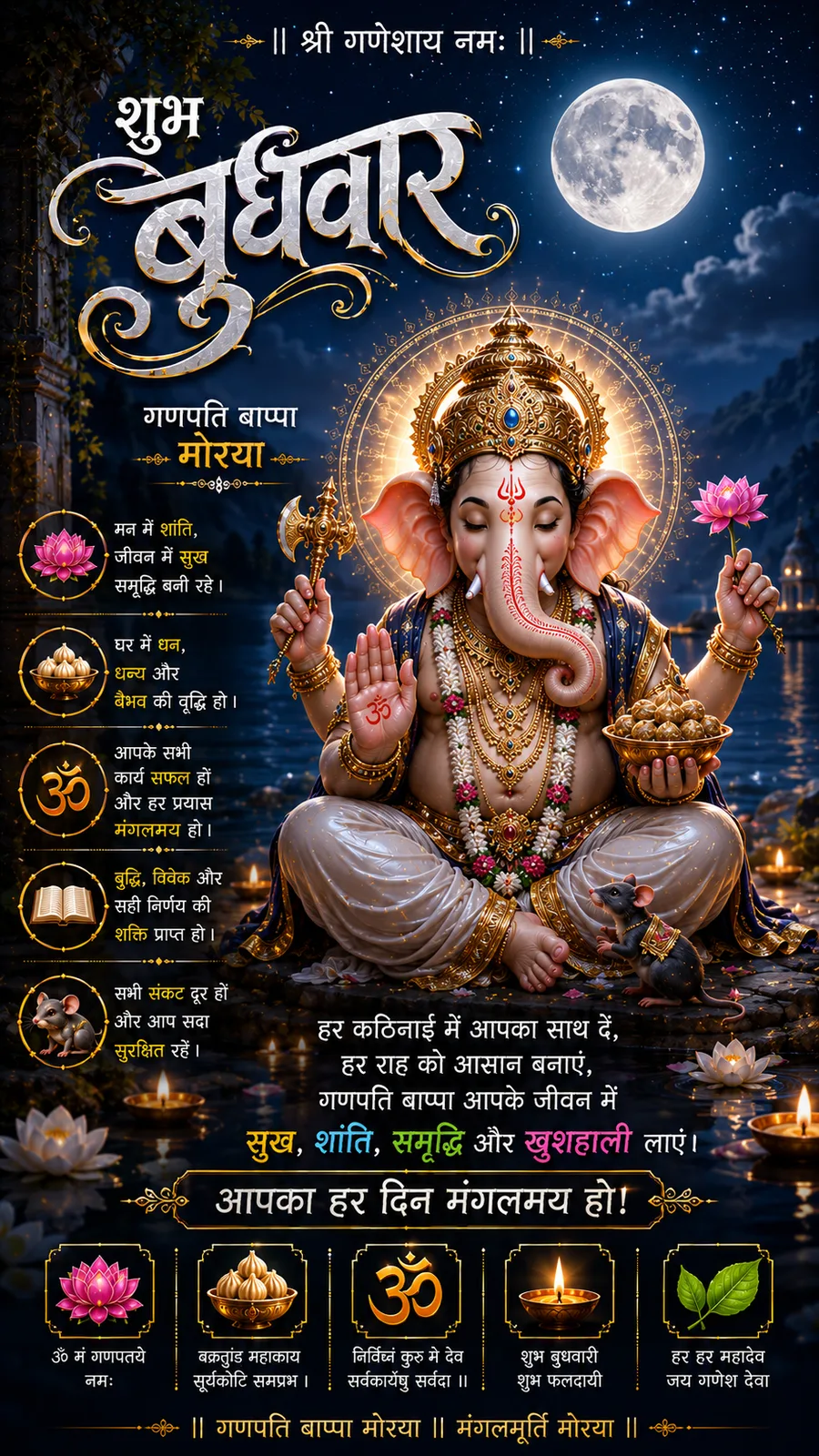 Lord Ganesha seated beside moonlit river holding lotus and modaks