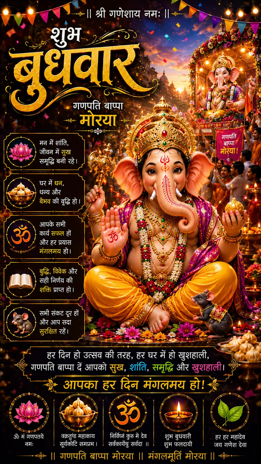 Festive Lord Ganesha surrounded by celebration lights and devotees