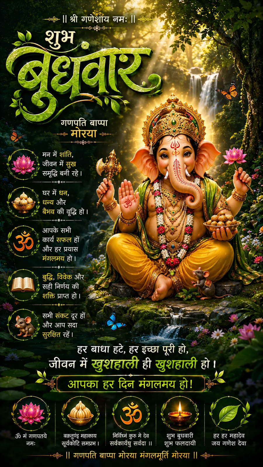 Lord Ganesha seated in lush forest beside waterfall and flowers