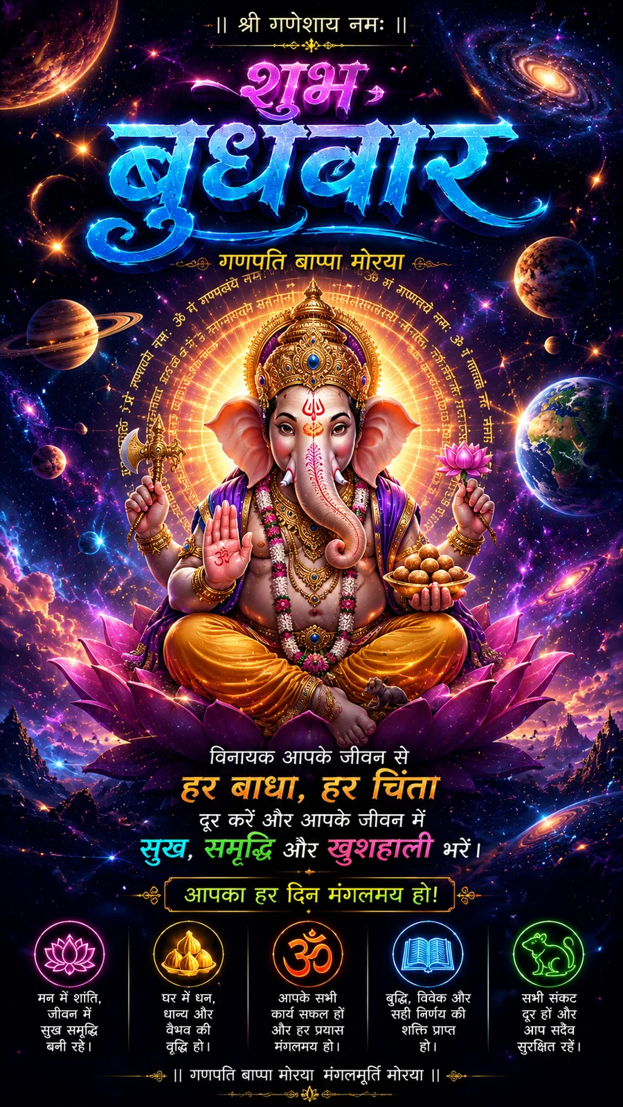 Cosmic Lord Ganesha seated on lotus amid galaxies and planets