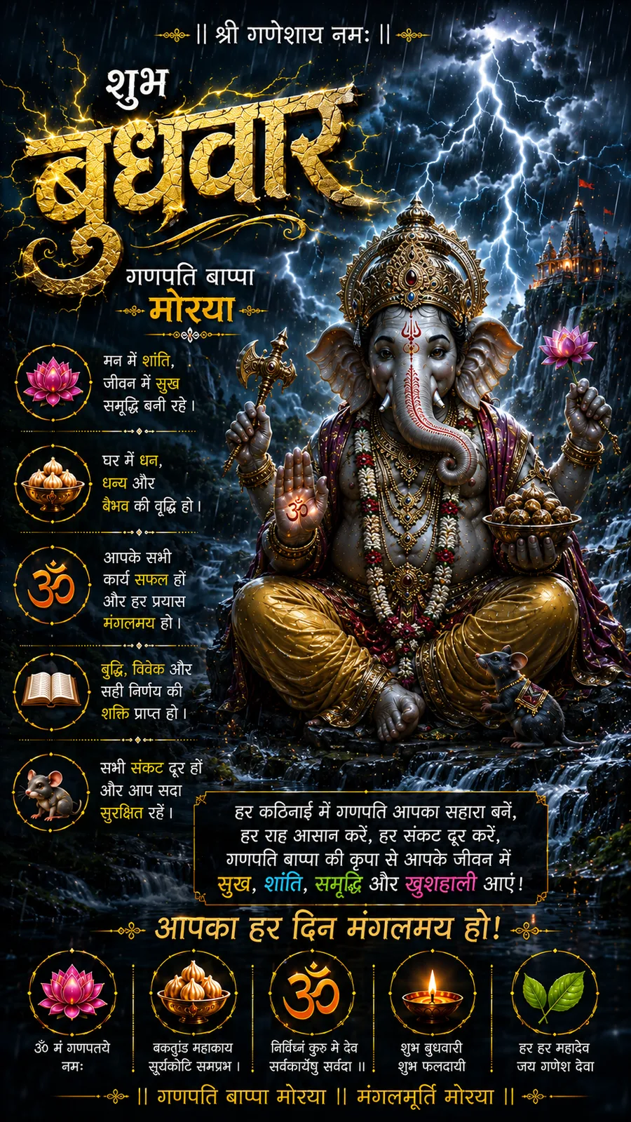 Lord Ganesha beside waterfalls beneath dramatic lightning filled sky