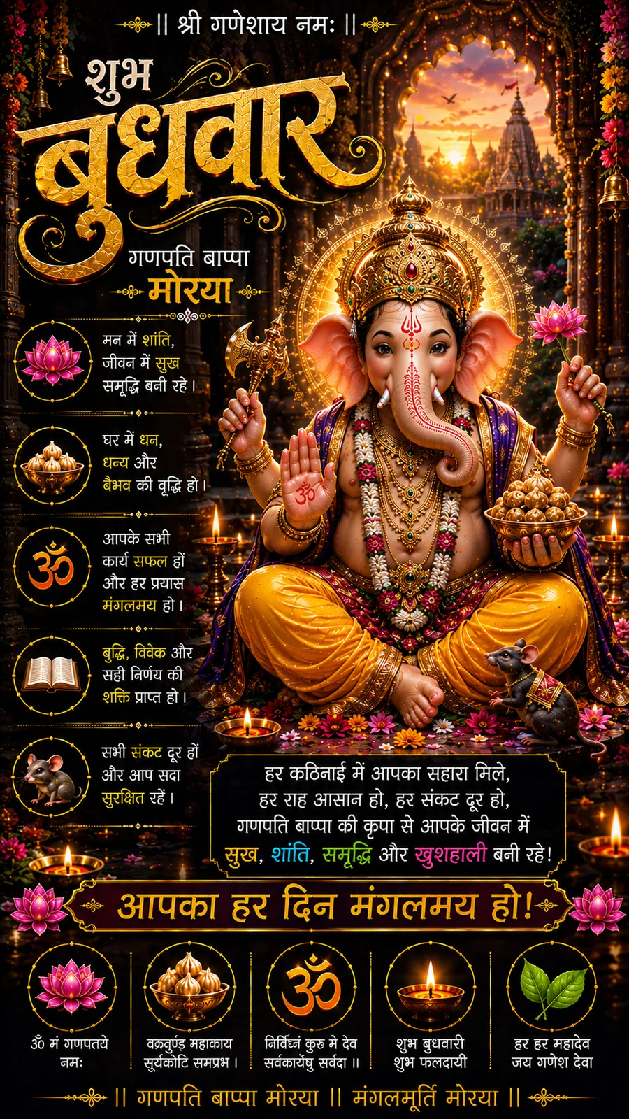 Radiant Lord Ganesha framed by temple arches and glowing lamps