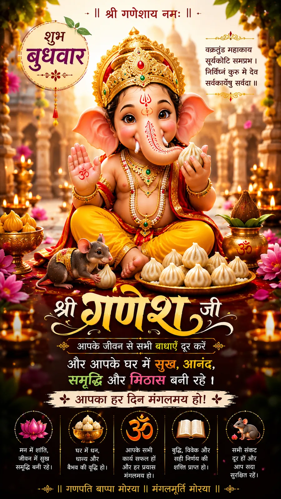 Child Lord Ganesha holding modak inside bright temple courtyard