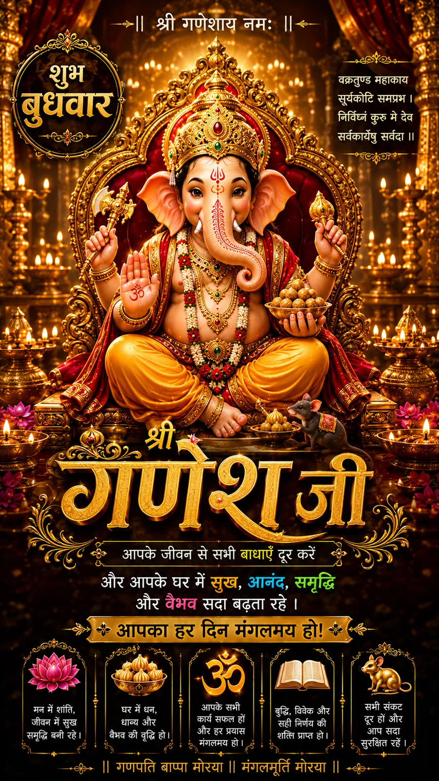 Royal Lord Ganesha seated on ornate throne with golden lamps