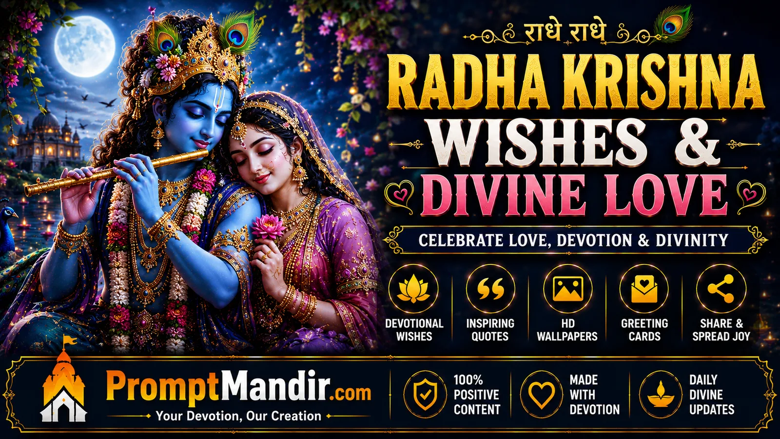 Radha Krishna Wishes & Divine Love Radha Krishna divine love devotional wallpaper with romantic spiritual blessings and moonlight background