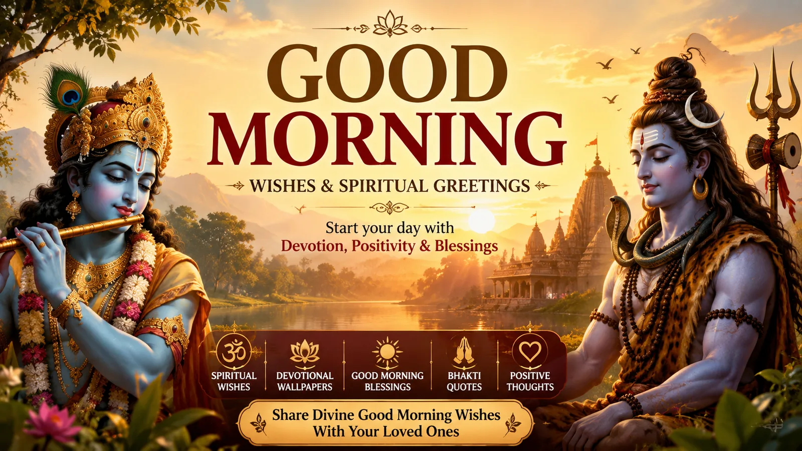 Good morning best wishes featuring Krishna, Mahadev, Hanuman Ji, spiritual greetings, and devotional wallpapers