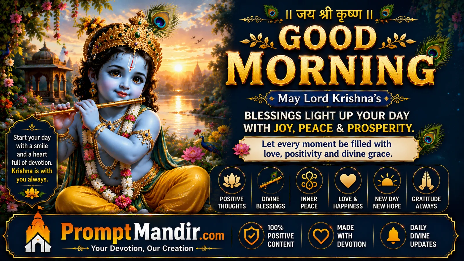 Cute baby Krishna morning wishes wallpaper with flute and devotional sunrise blessings