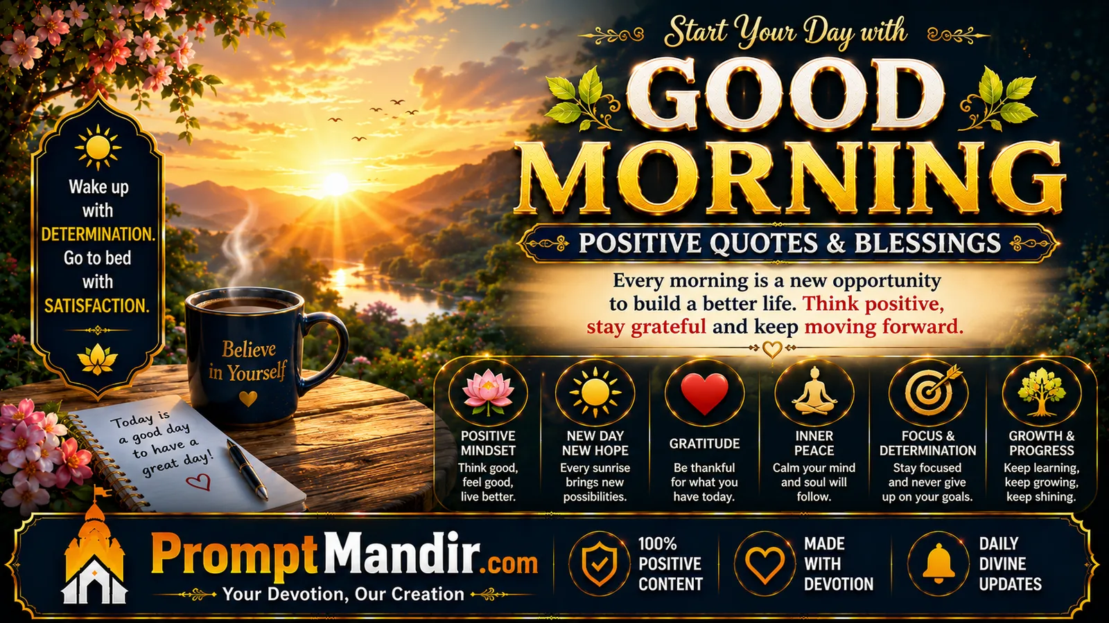 Beautiful sunrise good morning positive quotes and blessings wallpaper with coffee and motivational message
