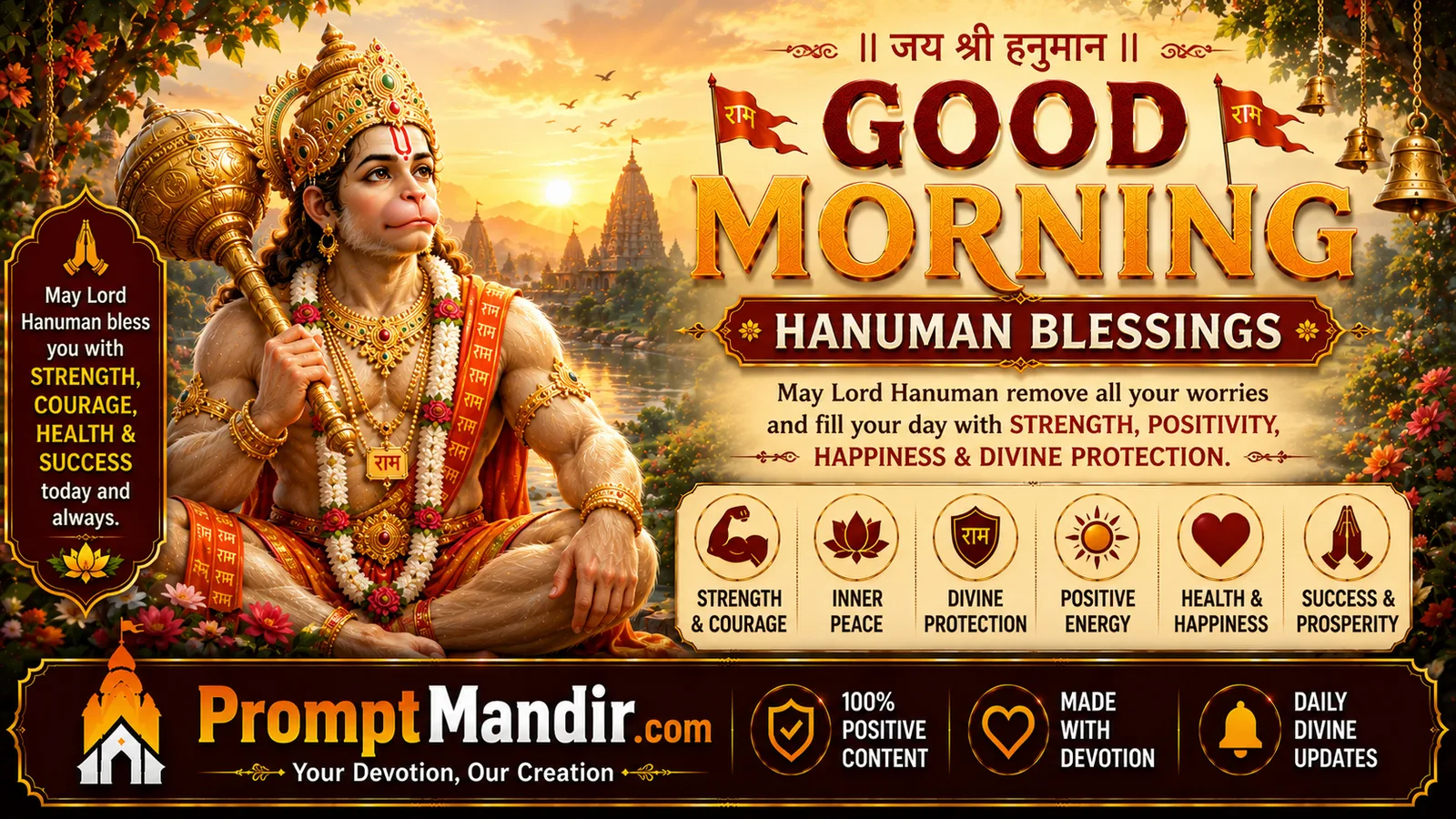 Hanuman Morning Wishes Lord Hanuman good morning blessings wallpaper with divine sunrise and motivational devotional quotes