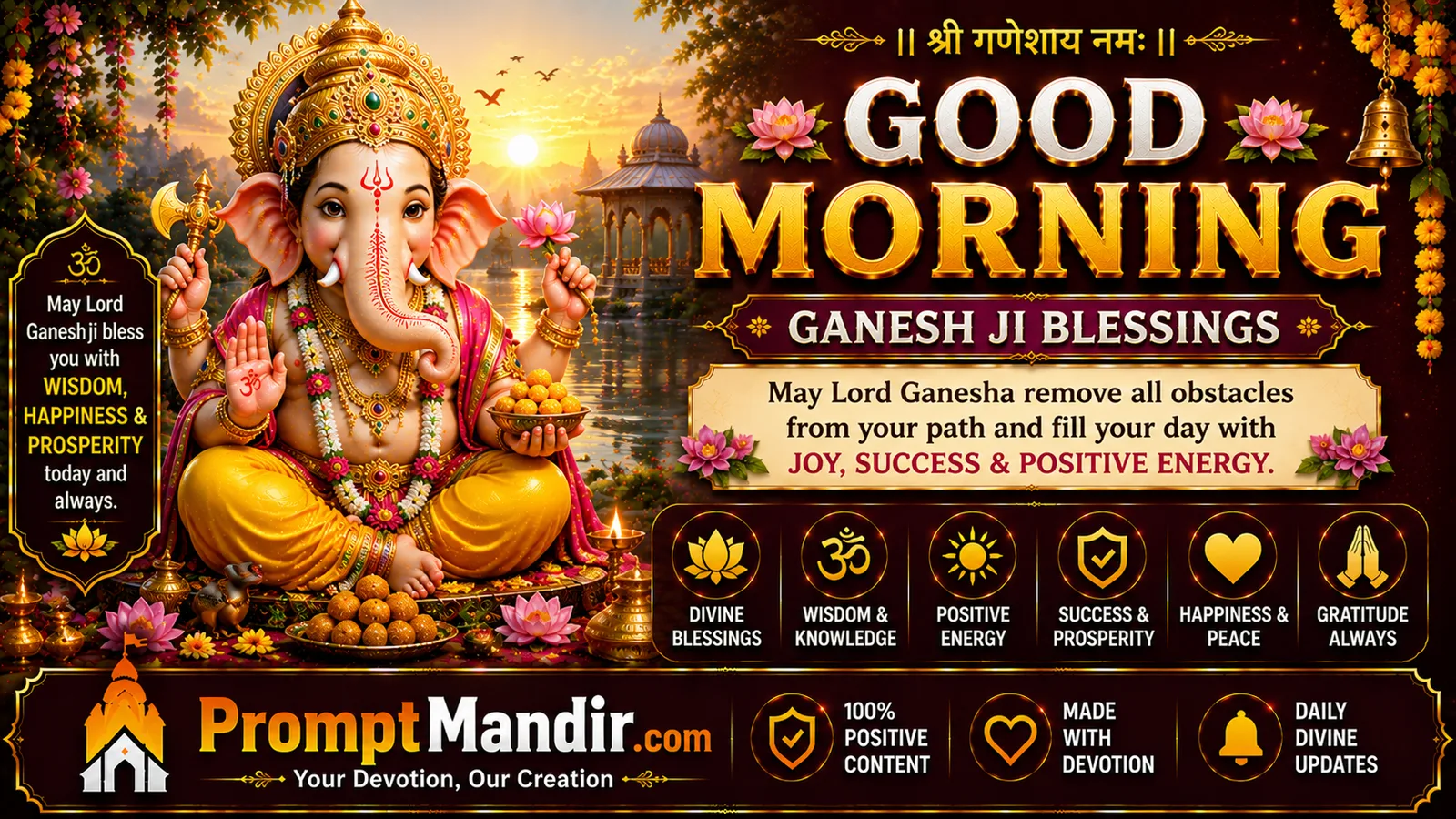 Ganesha Morning Wishes Ganesh Ji good morning blessings image with sunrise background and devotional positive wishes