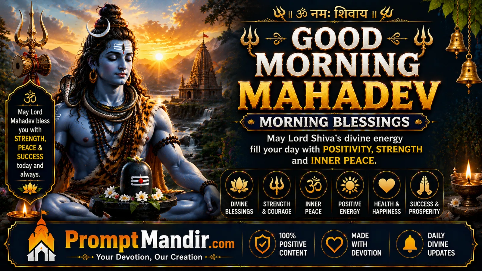 Mahadev morning blessings wallpaper with Lord Shiva meditation and sunrise temple background