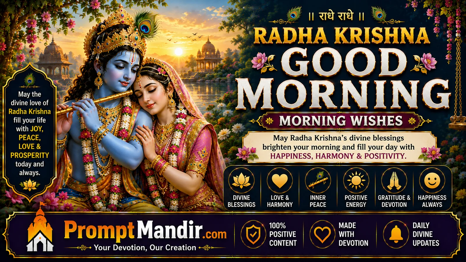 Radha Krishna good morning wishes wallpaper with divine love and peaceful sunrise scenery