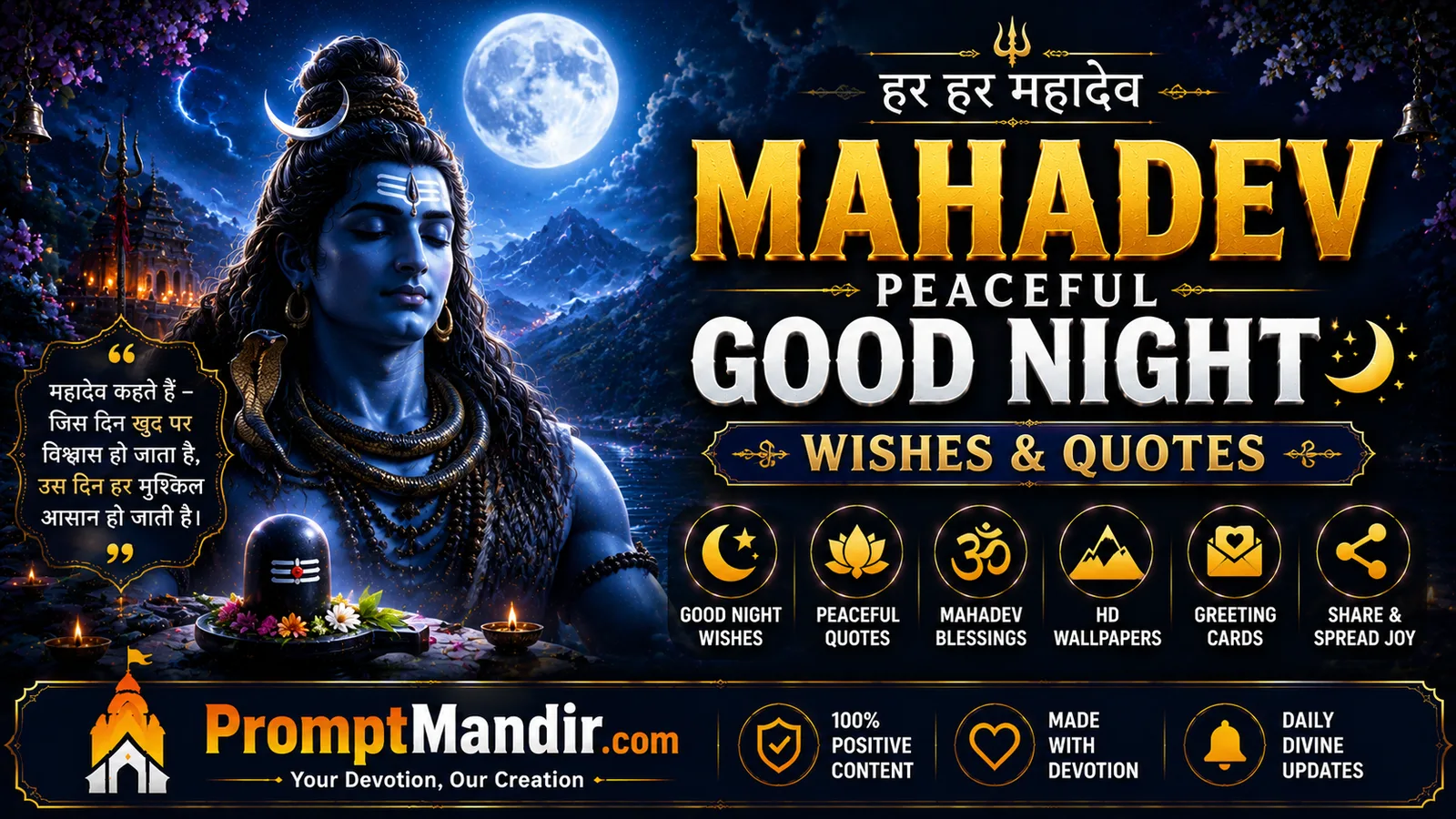 Mahadev good night wishes wallpaper with Lord Shiva, moonlight and peaceful spiritual night vibes