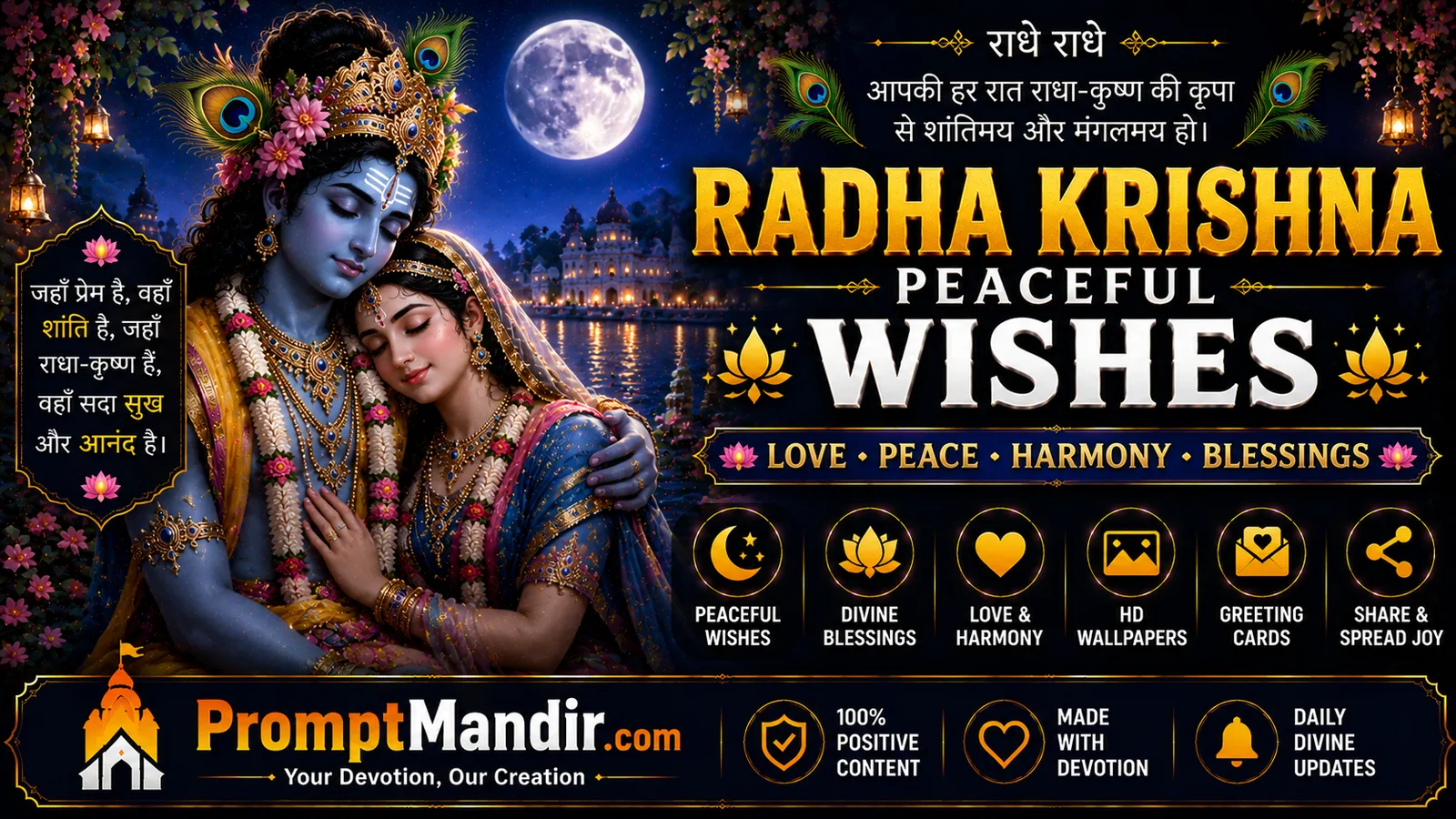 Radha Krishna peaceful wishes wallpaper with divine couple, moonlight and spiritual harmony