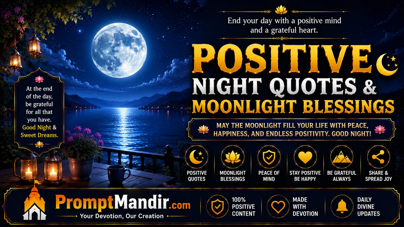 Positive Night Blessings wallpaper with peaceful moonlight lake view and calming good night blessings