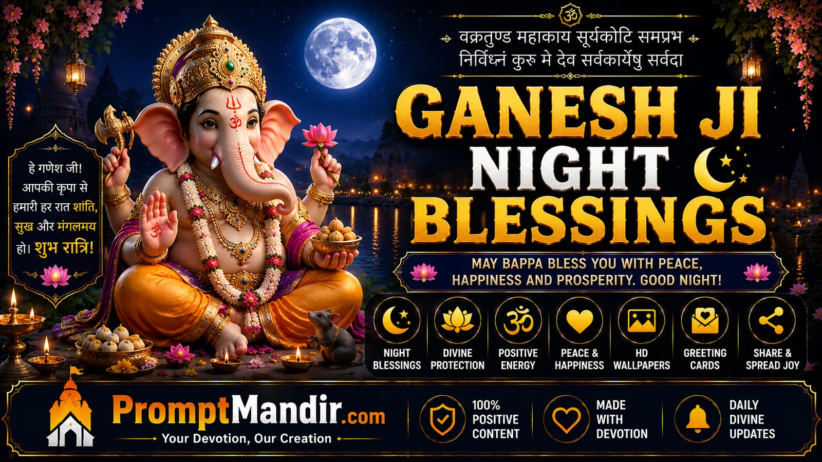 Ganesh Ji night blessings wallpaper with moonlight background and peaceful good night wishes