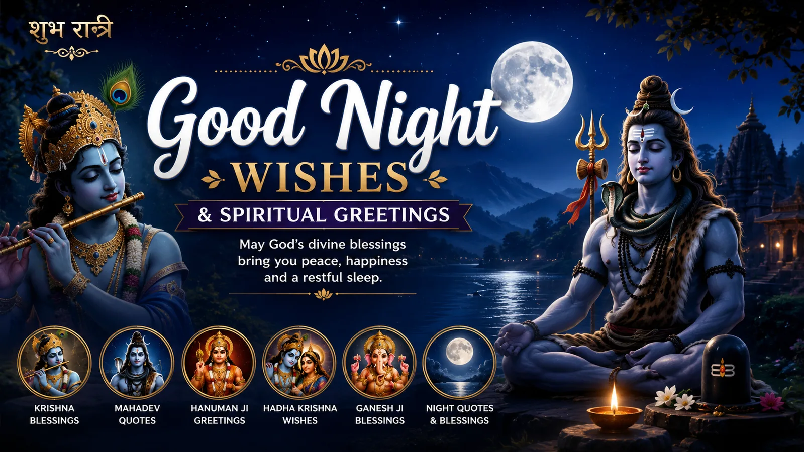 Peaceful good night wishes spiritual greetings featuring Krishna, Mahadev, and devotional wallpapers
