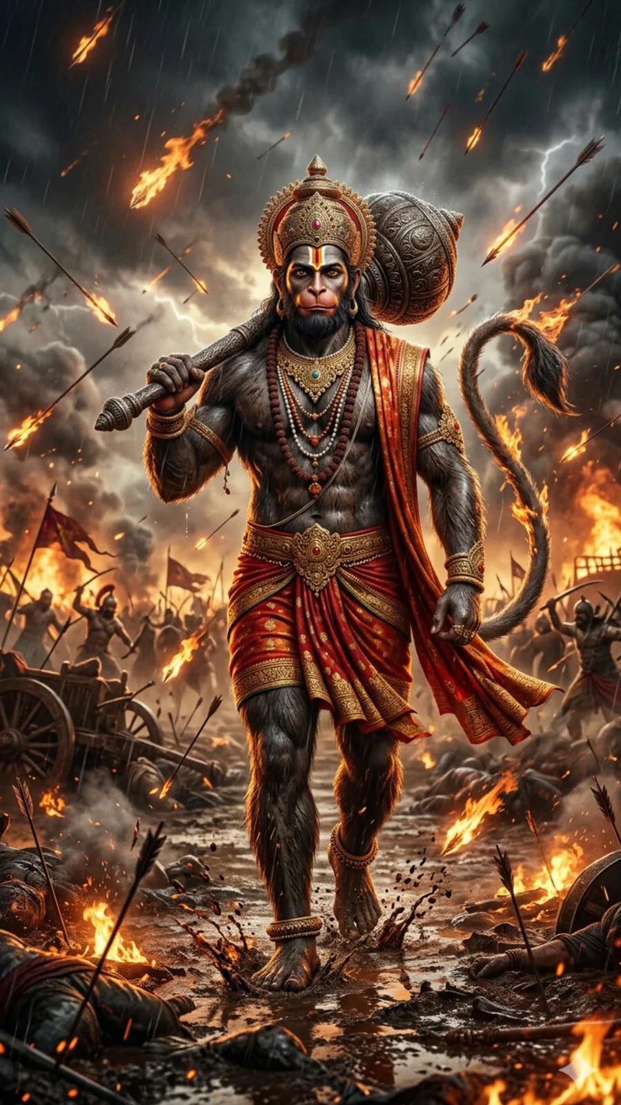 Hanuman war battlefield cinematic AI art prompt with blazing arrows and divine gada