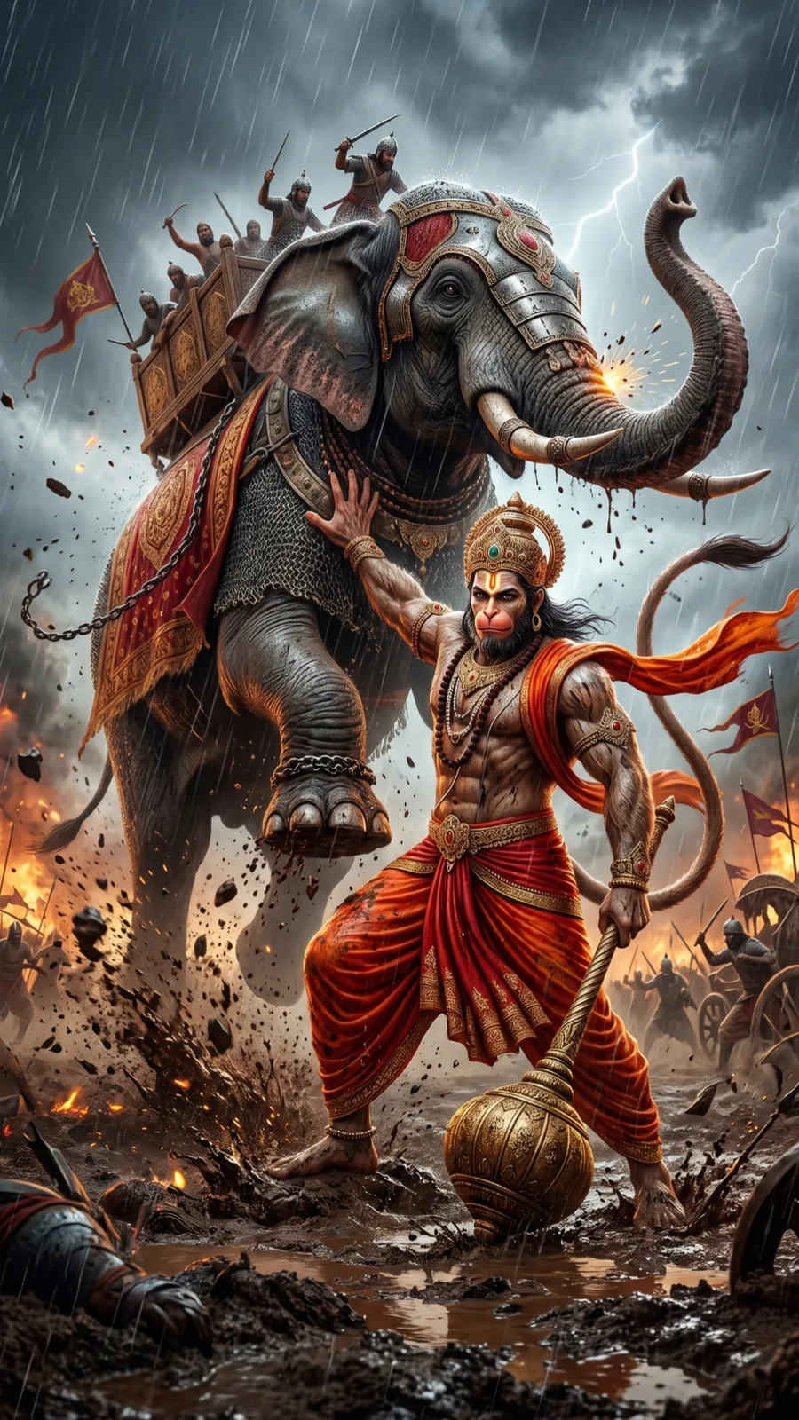 Hanuman stopping war elephant cinematic devotional AI prompt scene
