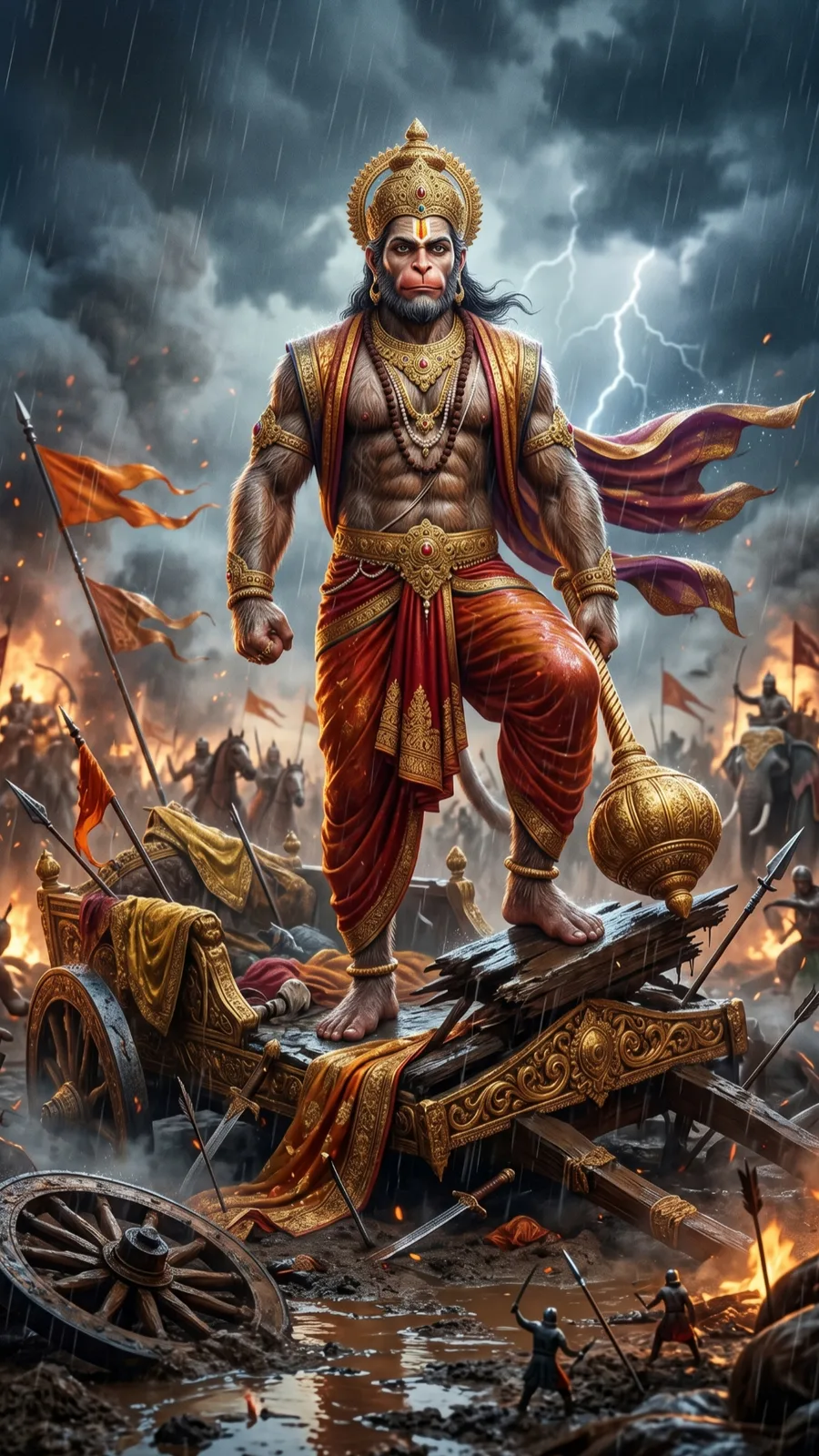 Hanuman standing victorious on battlefield ruins cinematic AI art prompt