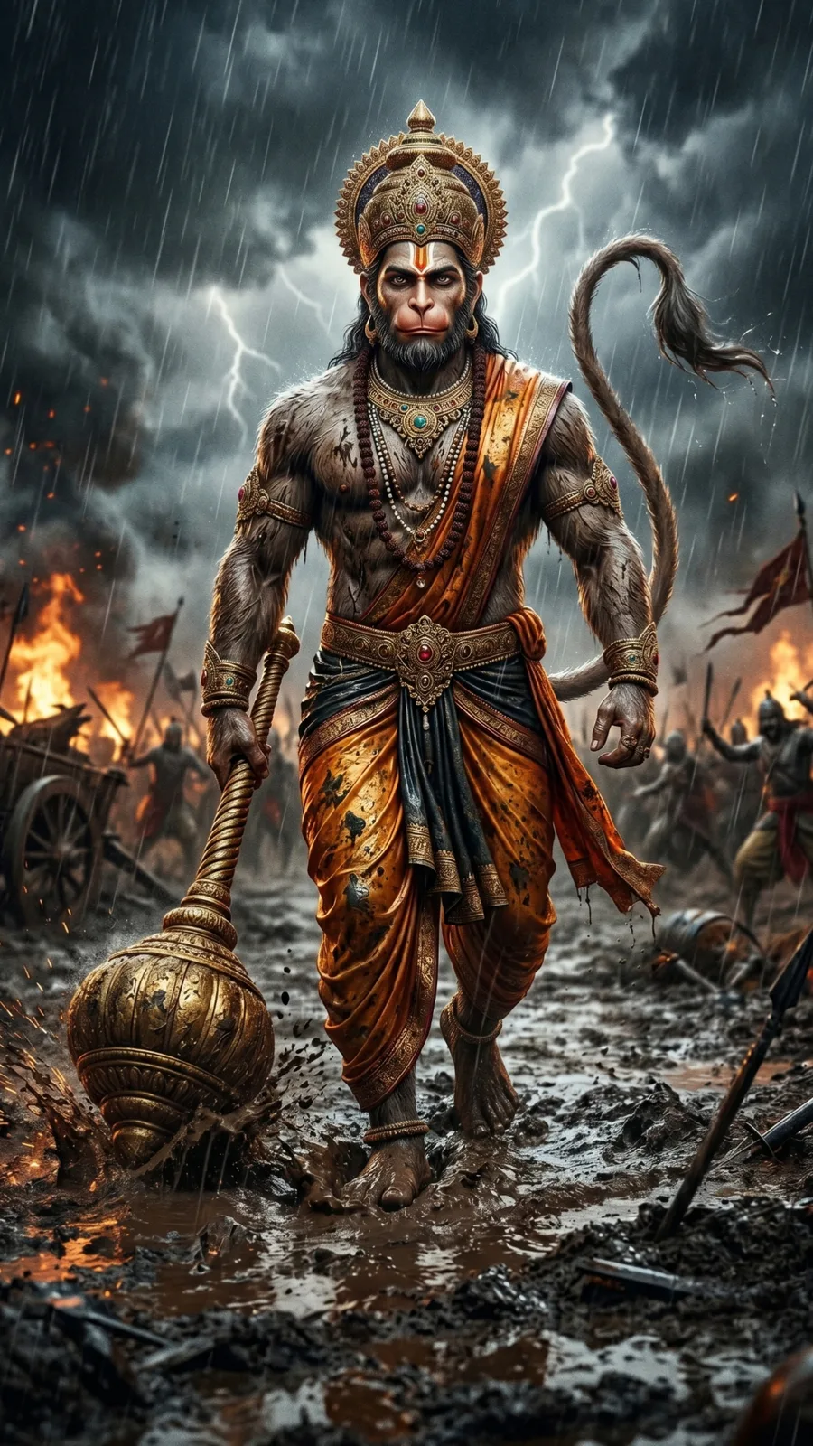 Hanuman walking through muddy battlefield with gada cinematic devotional AI art