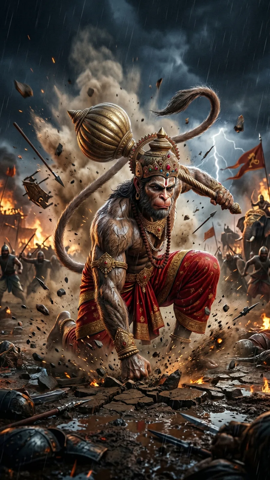 Hanuman landing powerful attack in battlefield cinematic AI prompt