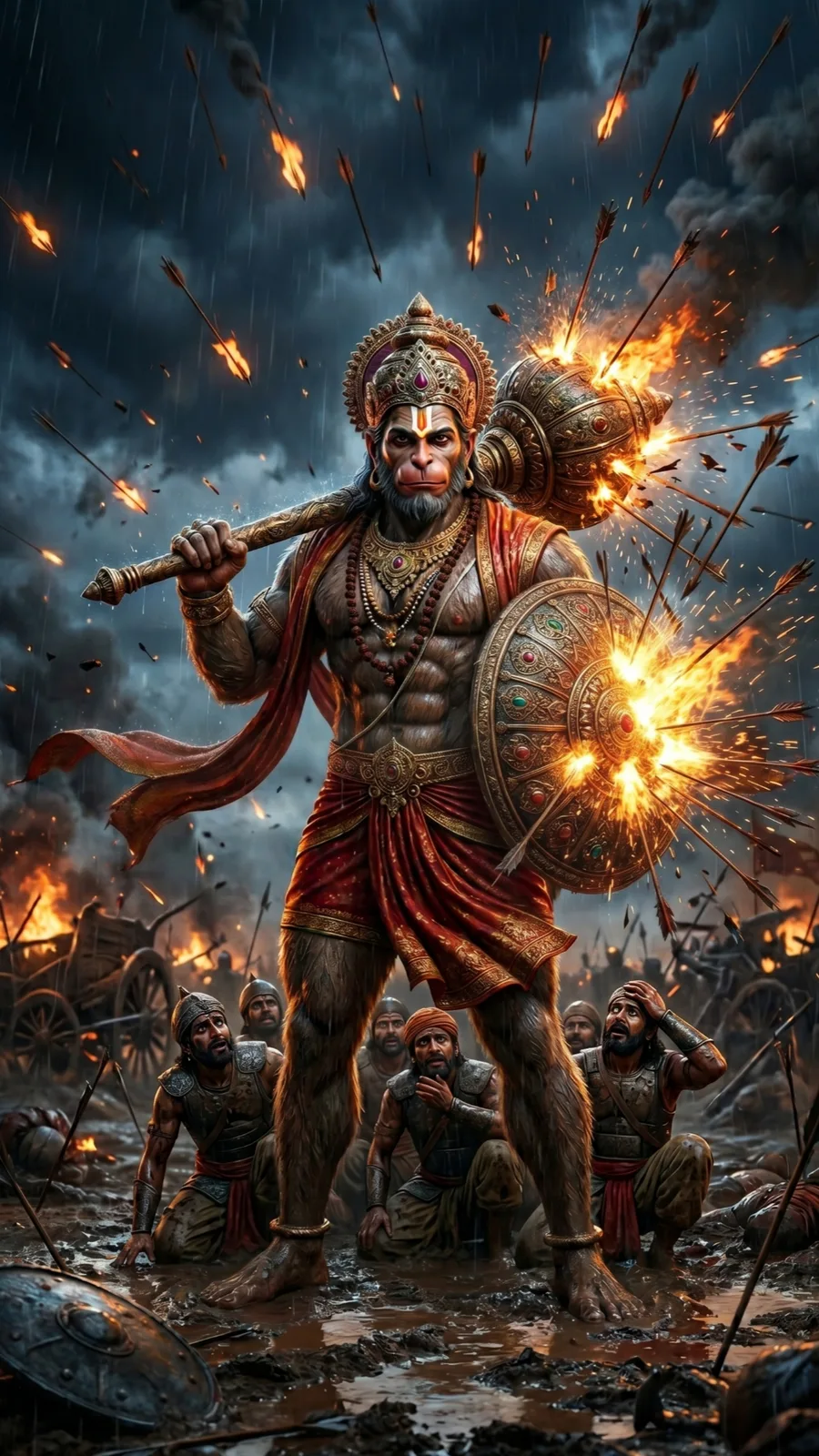 Hanuman defending warriors with shield and gada cinematic AI art prompt