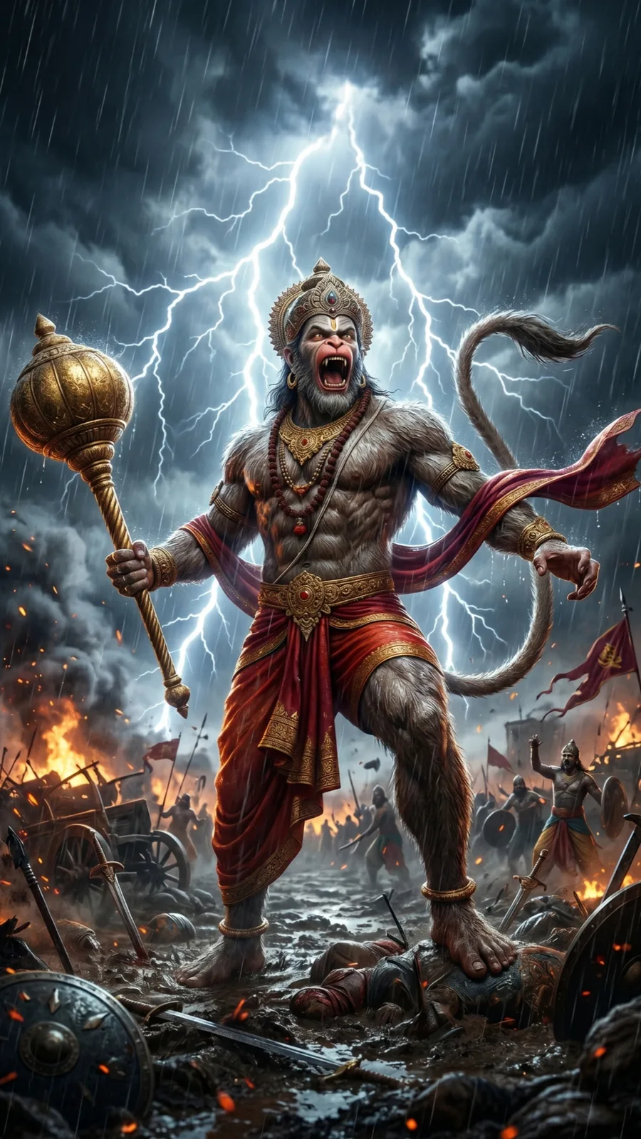 Roaring Hanuman under lightning storm cinematic devotional AI prompt