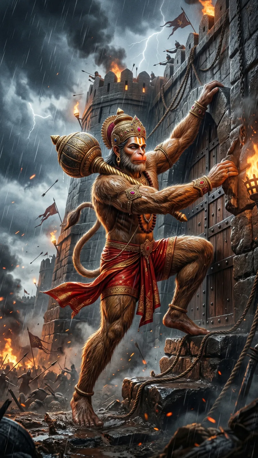 Hanuman climbing fortress wall during siege cinematic AI prompt