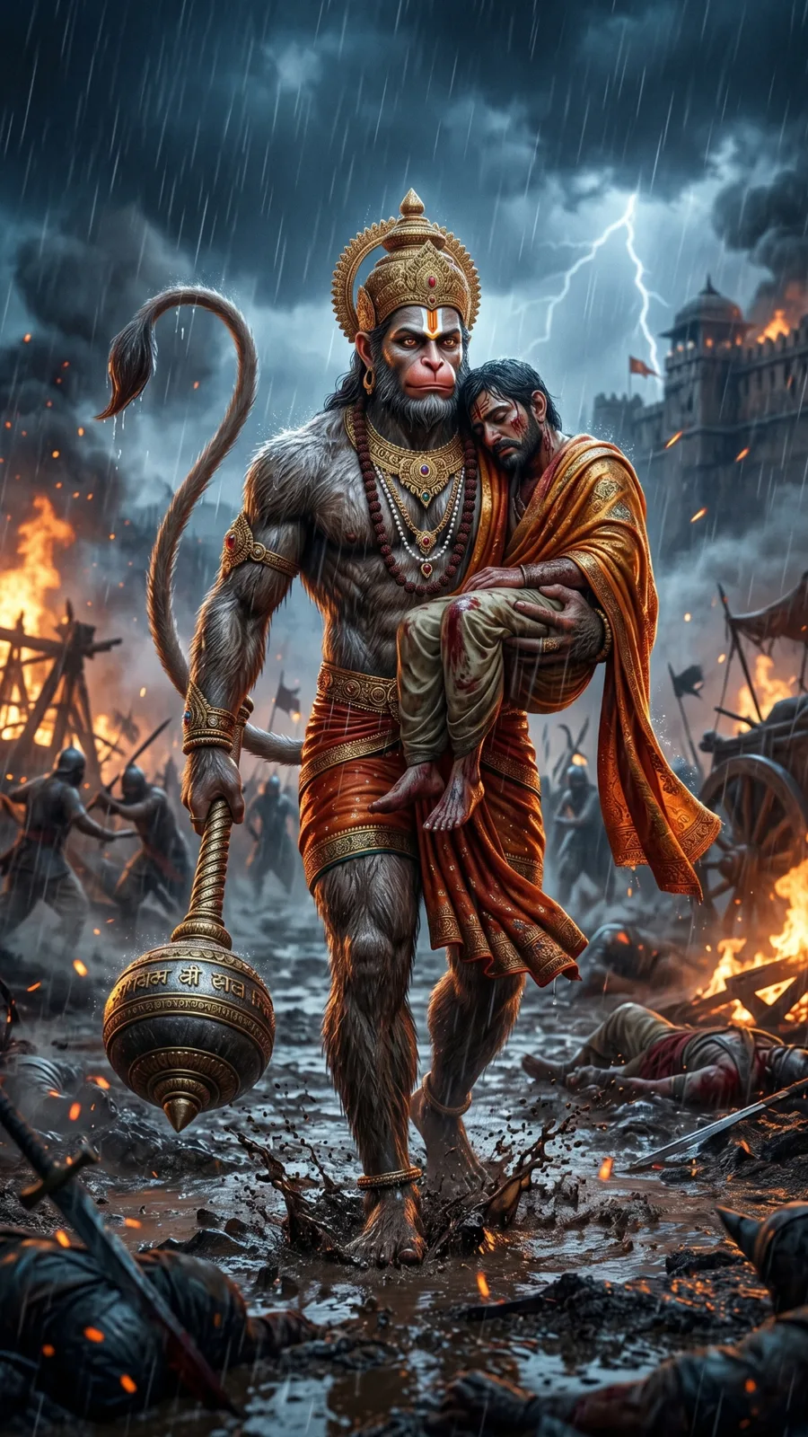 Hanuman rescuing injured devotee from battlefield cinematic AI art prompt