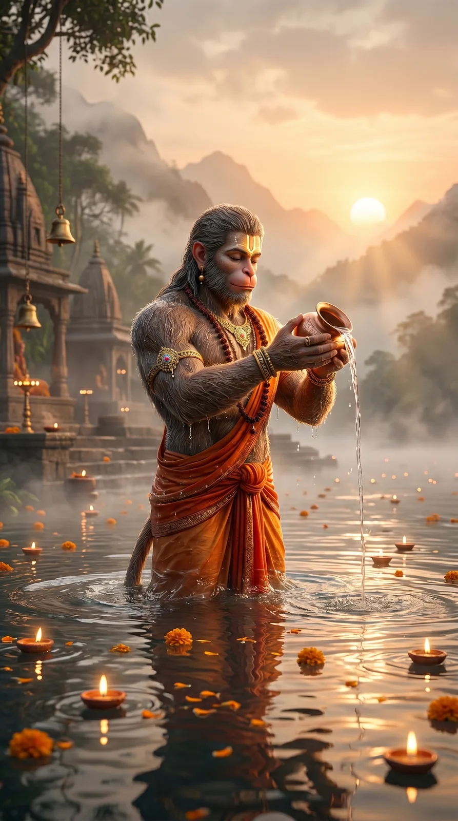 Hanuman sunrise river offering ritual cinematic AI art prompt