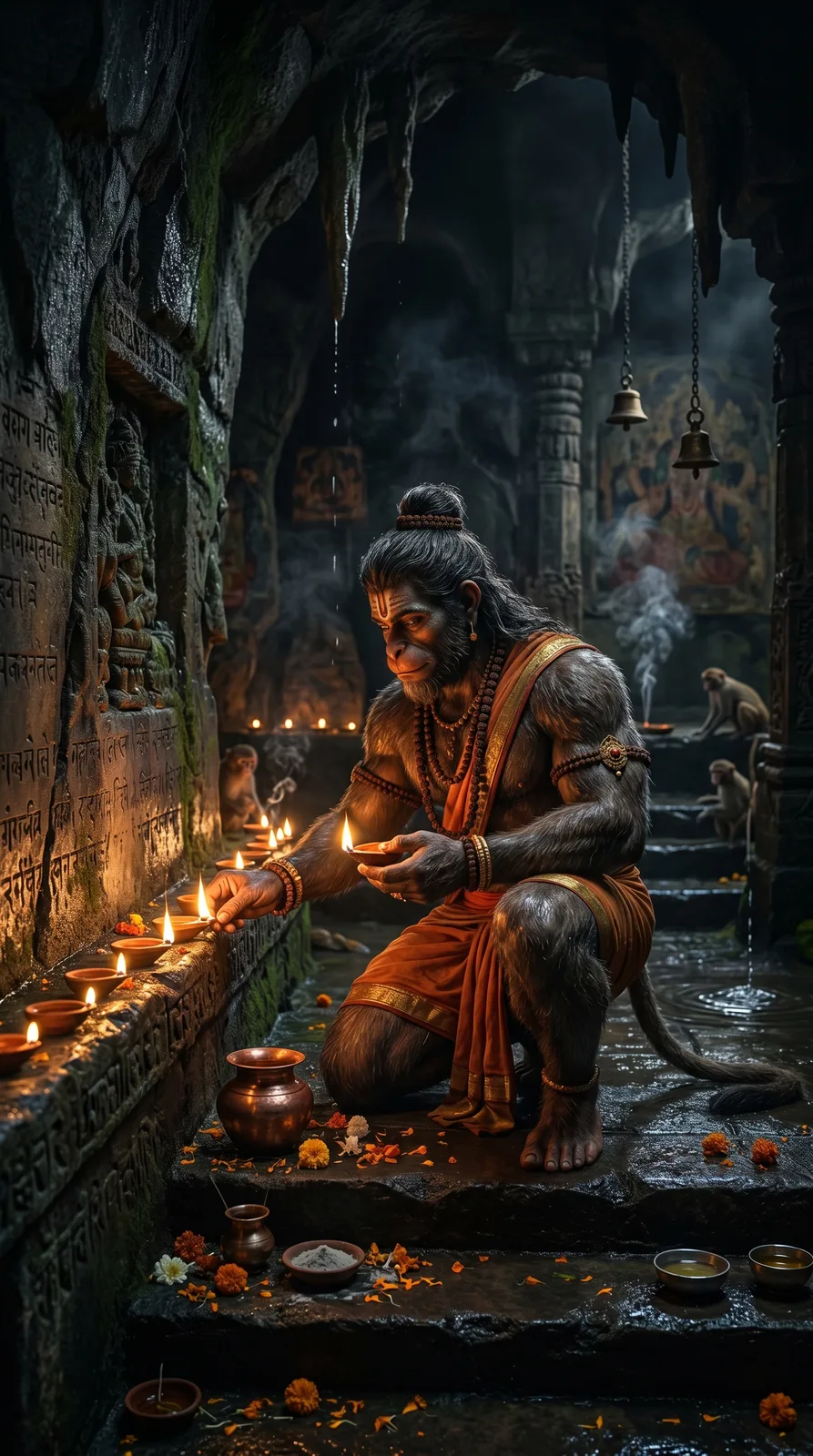 Hanuman lighting temple lamps during rain cinematic AI art prompt