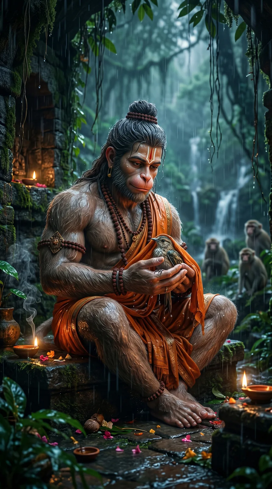 Hanuman protecting injured bird in rainforest cinematic AI art prompt