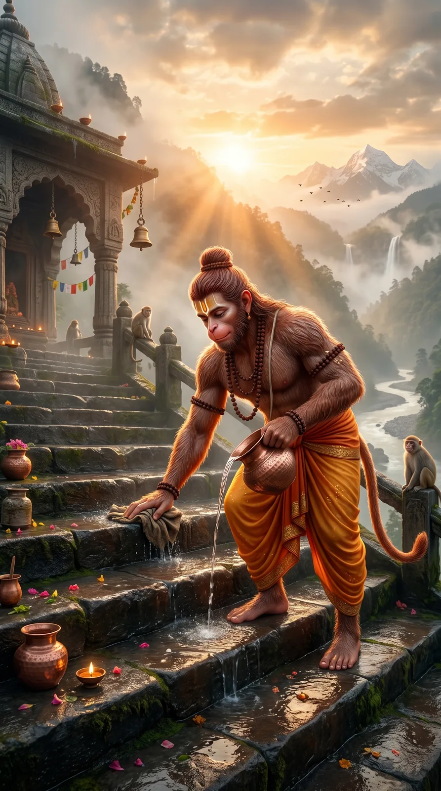 Hanuman cleaning temple stairs at sunrise cinematic AI art prompt